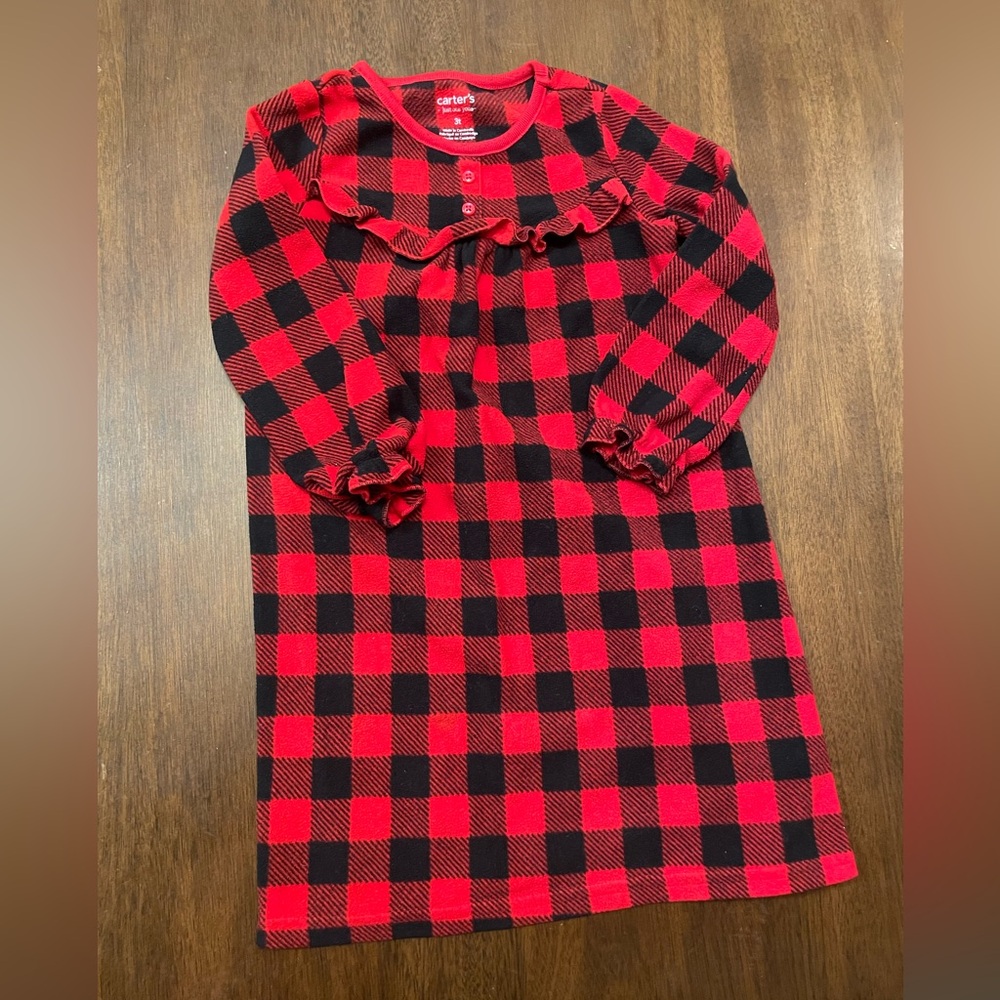 Carter’s Buffalo Plaid Sleep Gown 3T Red Black Pajama Dress Cozy